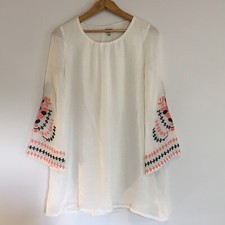 Honey Tulip Women's Dress Top S Cream White Boho Lined Embroidered Sleeve Cruise