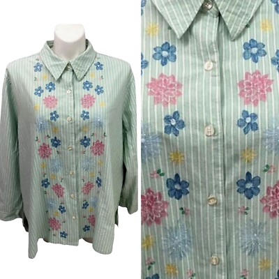 Classic Elements Shirt Women 24-26W Long Tab Sleeve Green Floral Embroidery