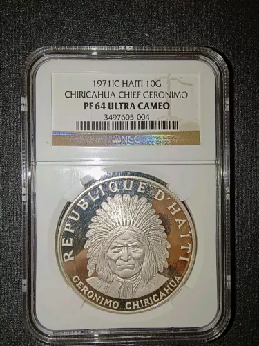1971 Haiti 10 Gourdes NGC PF64 Ultra Cam Silver Chiricahua Indian Chief Geronimo