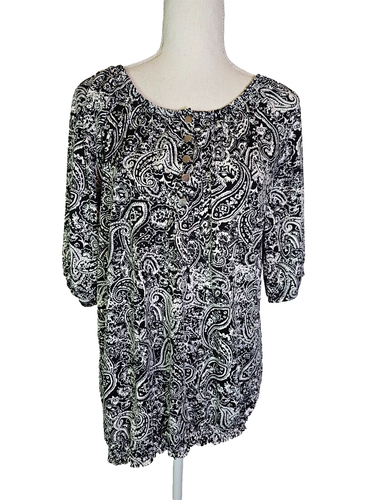 Notations Damen Tunika Oberteil, Gr. XL Paise Rundhals Kurzarm schwarz weiß - Bild 1 von 7