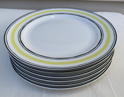 LENOX 6 ''Illustrated Stripes'' Key Lime Yellow White & Black 10'' Dinner Plates