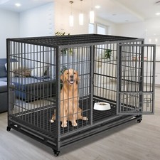 42" Heavy Duty Pet Dog Cage Strong Metal Crate Kennel Playpen with Wheels Tray