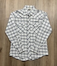 VINTAGE Lee White Navy Blue Plaid Cotton Rockabilly Snap Shirt Size Medium