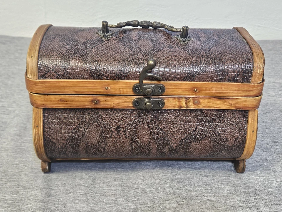 Wooden Treasure Chest Trunk Box Dome Top Faux Leather Latch Brown Decorative - Image 2 of 4