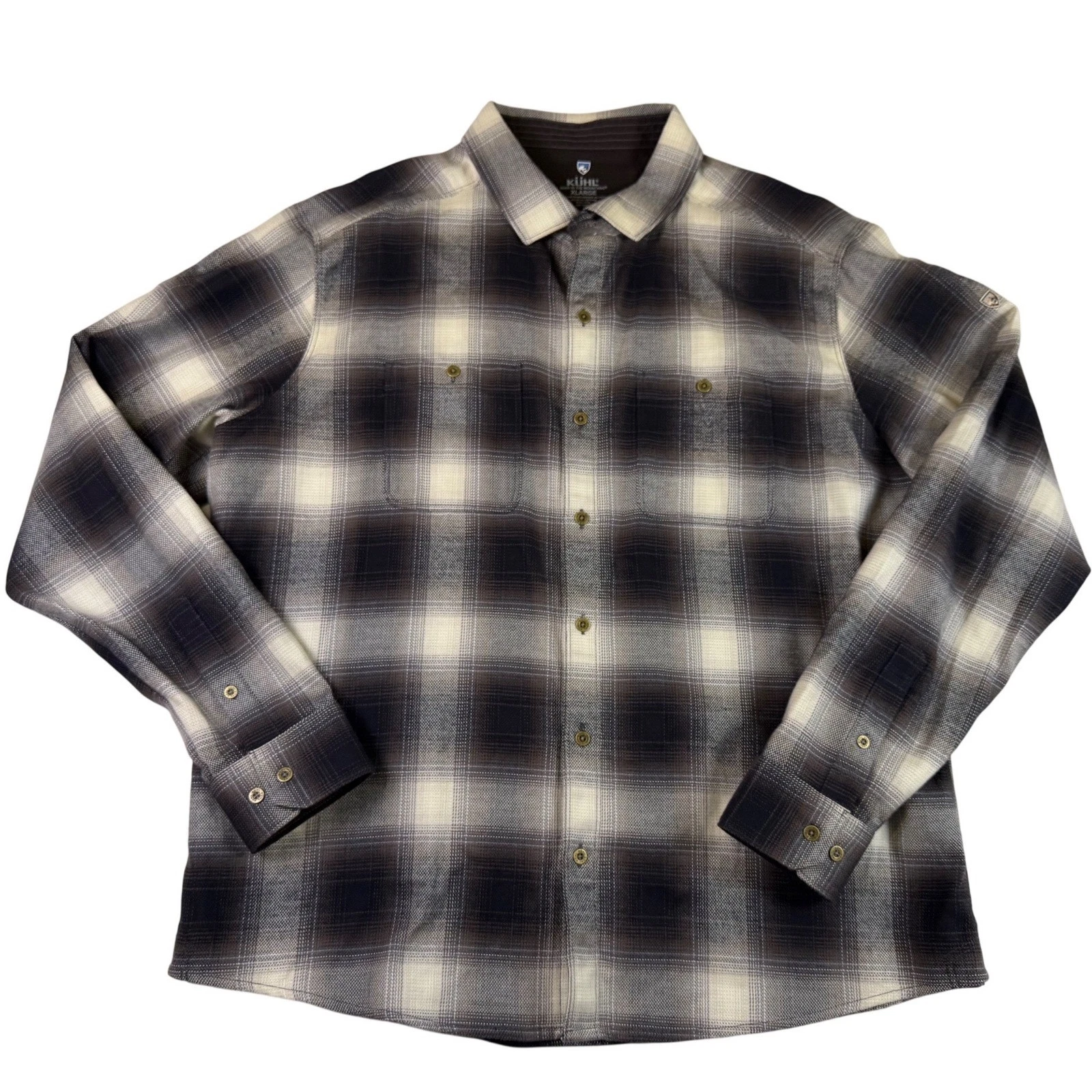Kuhl Fugitive Flannel Shirt Mens XL Navy White Plaid Button Down Hiking Outdoor