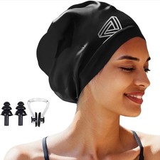 Extra Large Black Silicone Swim Cap for Long Hair with Earplugs  Nose Clip