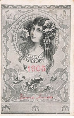 MJS - Happy New Year 1905 - Portrait of a Woman with Flowers in Her Hair