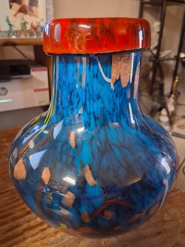 Vintage MURANO Glass Vase Rolled Rim GOLD MICA  Aventurine End Of Day!