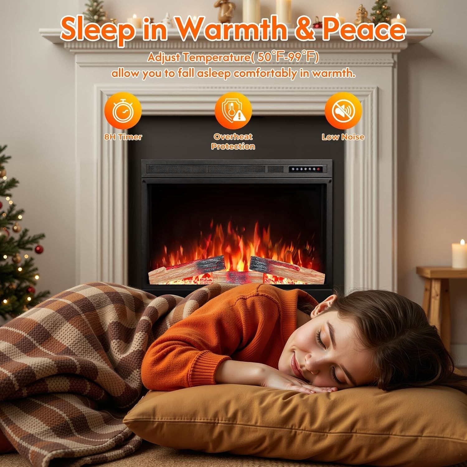 39" Electric Fireplace Insert with Realistic Flame & Logs, Recess