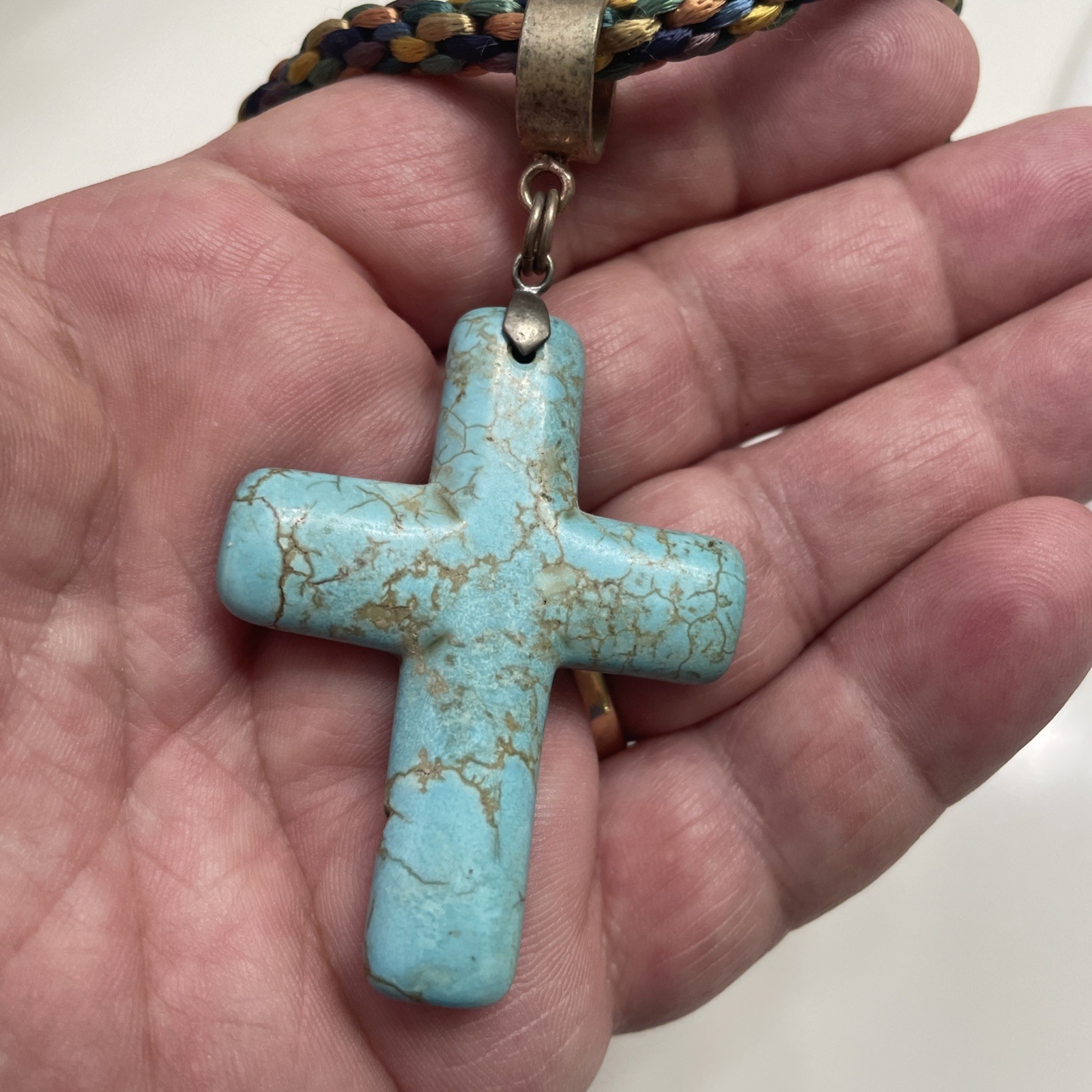Large Solid Turquoise Stone Cross Pendant with so… - image 1