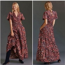 Maeve By Anthropologie Cheetah Puff Sleeve V Neck Fit And Flare Dress Brown