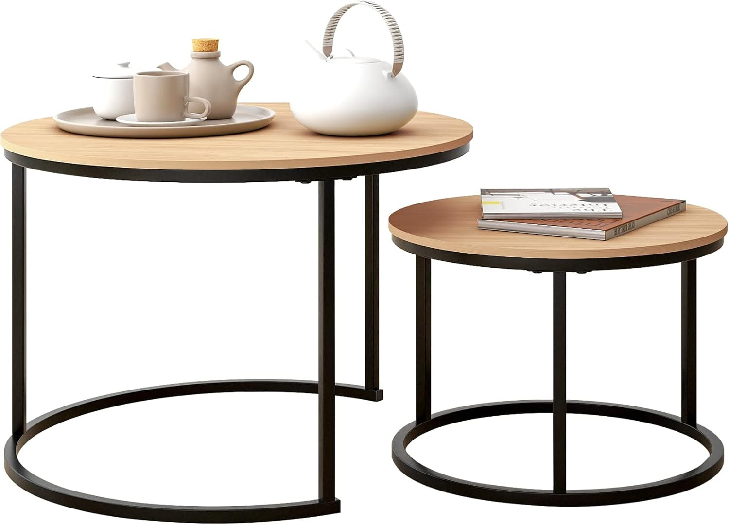 HOJINLINERO Black Round Coffee Table Set of 2 Side Table for Living Room,Industrial Stacking End Tables,Wood Look Accent Furniture with Metal Frame End Table for Bedroom Decorations,Black+Teak OAK 27 HOJINLINERO Black round Coffee Table Set of 2 Side Table for Living Room,69.5X49