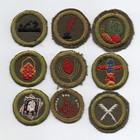Lot of 9 Merit Badges, Type E Khaki (1947-1960), Cut Down to Round
