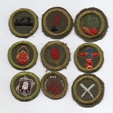 Lot of 9 Merit Badges, Type E Khaki (1947-1960), Cut Down to Round