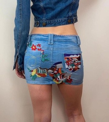Kiss Miss denim fitted low rise mini micro skirt w29 UK8 S embroidery festival