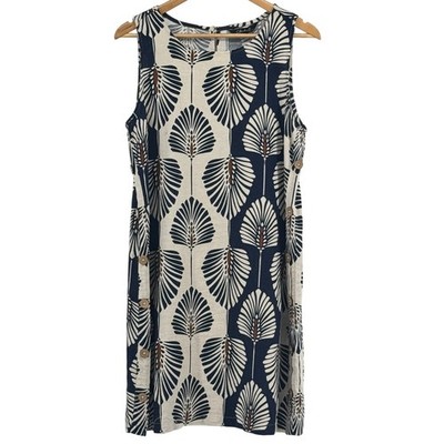 Charlie B Navy Cream Palm Fan Print Linen Blend Shift Dress Side Buttons Medium
