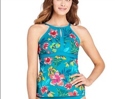 Lands' End Keyhole High Neck Tankini Swim Top Size 8DD Teal Tropical Floral UPF
