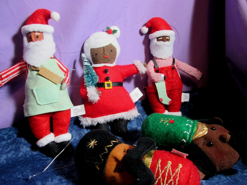 Lot Of 5 Target Wondershop Ornaments Plush Fabric Santas, Mrs. Claus, Soldiers