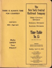 New York Central RR Ohio Indiana Illinois Employee Timetable #15 4/26 1964