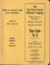 New York Central RR Ohio Indiana Illinois Employee Timetable #15 4/26 1964