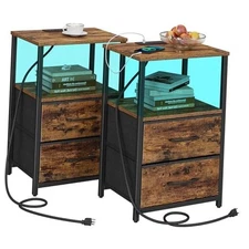  LED End Table with Charging Station, Nightstand with 2 PCs Brown Plug&LED