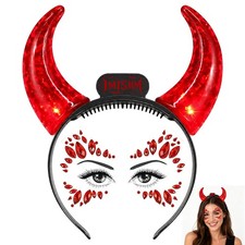 Devil Horn Headband with Face Gems Red Light Up Halloween Standard