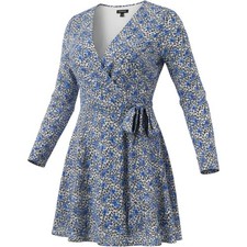 Express Blue Floral Metallic Stripe Long Sleeve V-Neck Tie Waist Mini Dress M