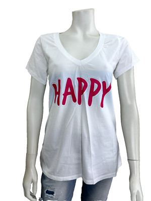 Sweet Lover Italy weiß T-Shirt Shirt kurzarm V-Ausschnitt HAPPY Druck blau One S
