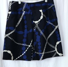 TALBOTS Lined Blueblack Print Silk/Linen Back Zip Skirt Front Pleat - Sz 14 EXC