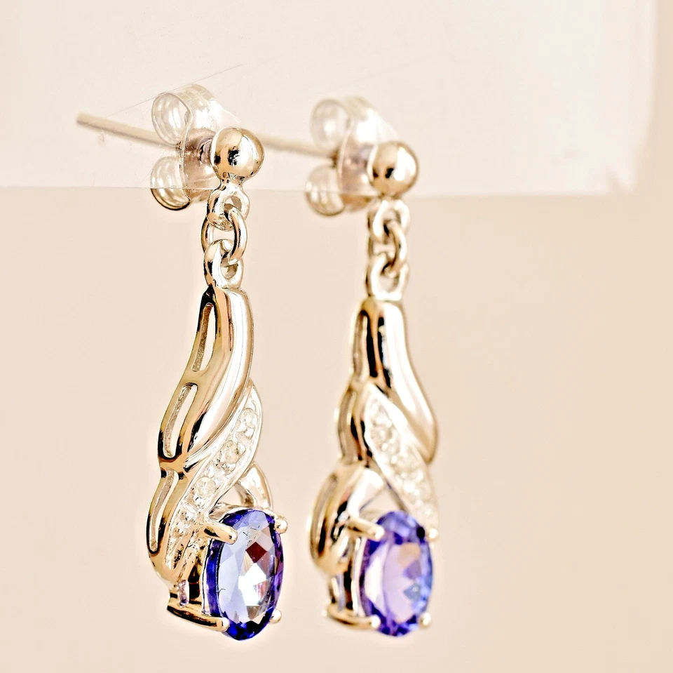 Natural Tanzanite Earrings Genuine Diamonds 9K White Gold Gift Boxed NEW - image 3 of 4