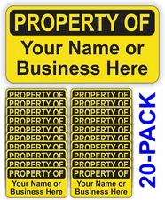 20 Custom Printed PROPERTY OF Yellow Vinyl 1.5x3-inch Stickers Decals Markers