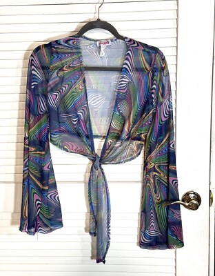 Madrag mesh Top tie front flowy bell sleeves size M Women FLAW Hole From Tag