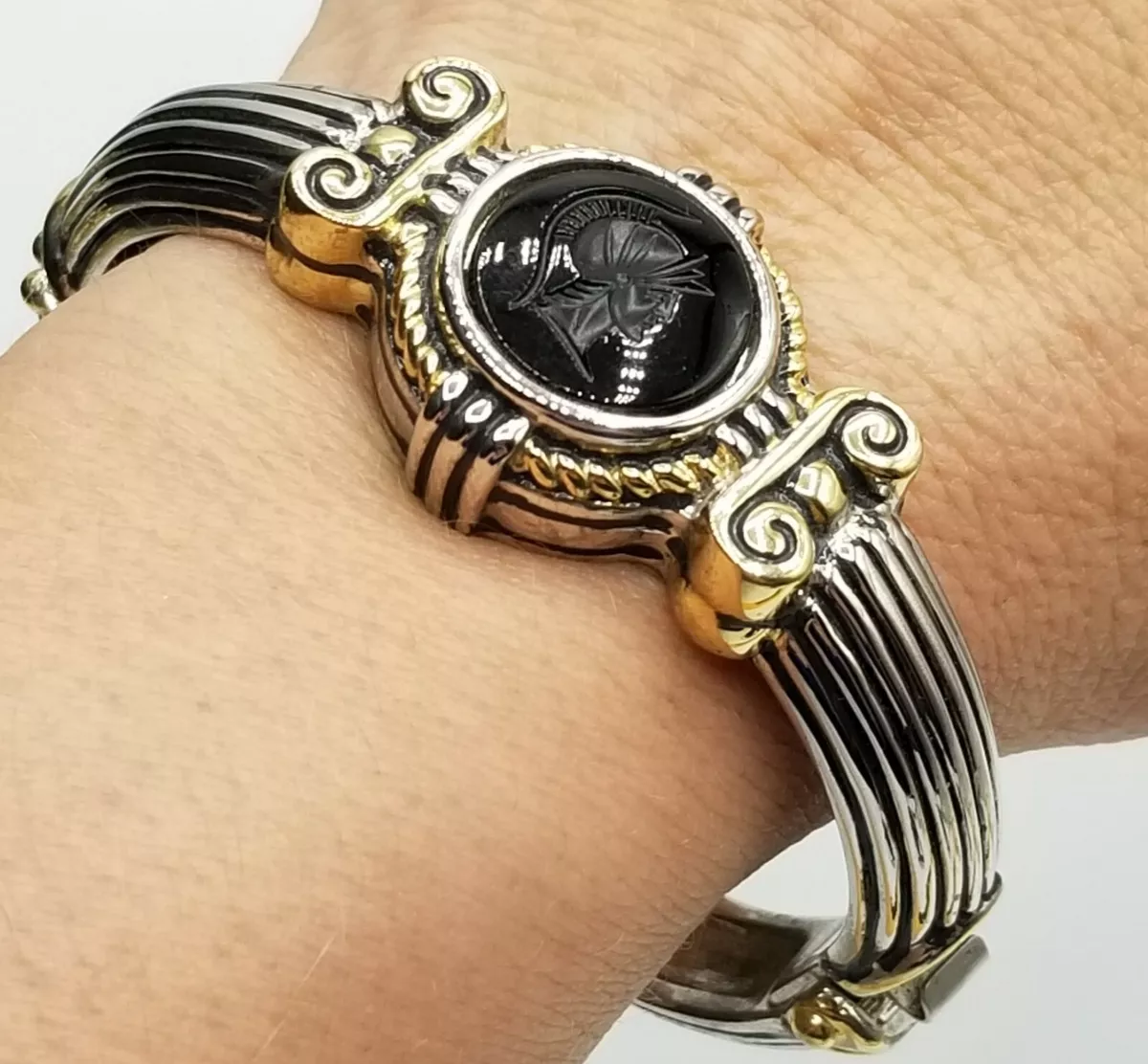 Vtg TJ Bangle Bracelet Intaglio Roman Soldier Cameo Black Glass Medieval Jewelry