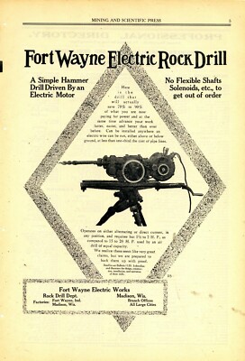 1911 Fort Wayne Electrical Works Ad: Electric Rock Drill w/ Specifications