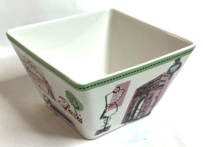 222 Fifth TRES CHIC PARIS 4 Square Bowls, Fine China, French Scenes Berry-Desert