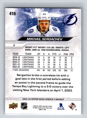 2023-24 Upper Deck Series 2 #416 Mikhail Sergachev Tampa Bay Lightning - Picture 2 of 2