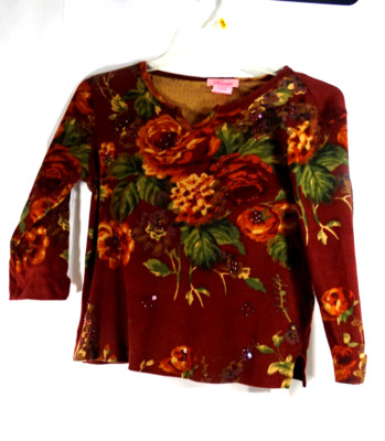 NECTAR RIBBED FLORAL CROP TOP KNIT RIB SHIRT M S STRETCH BURGUNDY SPRING FALL