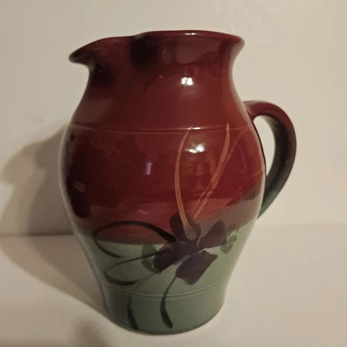 Kent Follette Studio Art Pottery Pitcher Vase Burgundy & Green Floral Signed