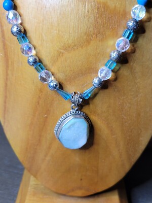 Handmade Blue Druzy Quartz Pendant with Glass Dyed Howlite