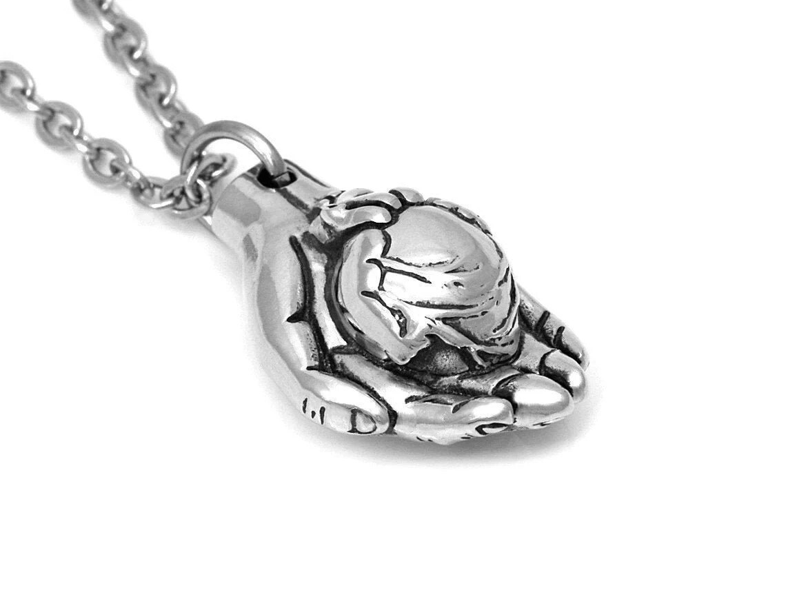 Hand Holding Heart Necklace, Handmade Love Jewelry in Pewter