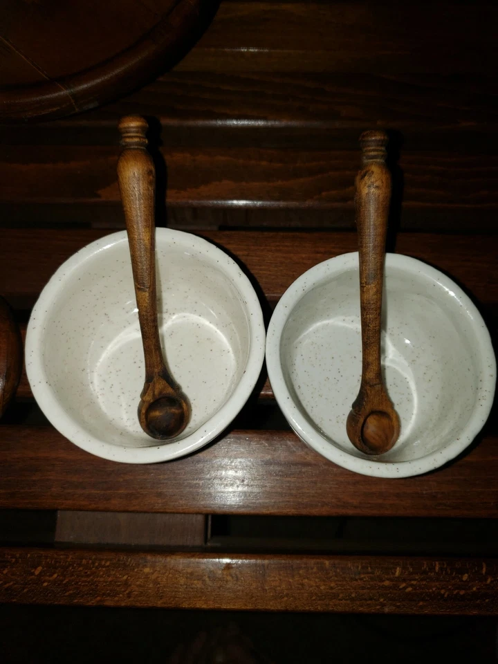 Vintage Wood & porcelain Condiment set on Lazy Susan - Image 4 of 4