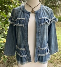 Kenzie Jeans Blue Denim Jacket 3/4 Sleeve Fringe Womens Sz M Nwot
