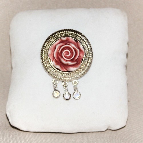 Pink Ceramic Rose On Silver-Tone (Sterling?) Brooch Unmarked 1 ¼” Dia - Picture 2 of 4