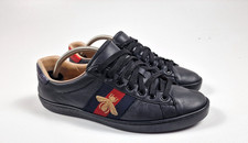 Authentic GUCCI Men?s Black Leather Ace Sneakers with Gold Bee & Web Size 8 G
