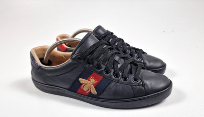 Authentic GUCCI Men s Black Leather Ace Sneakers with Gold Bee & Web Size 8 G