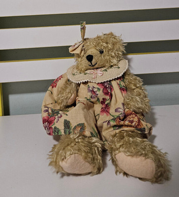 TEDDY BEAR IN DRESS AND BOW  25CM FLORAL DRESS DELTON