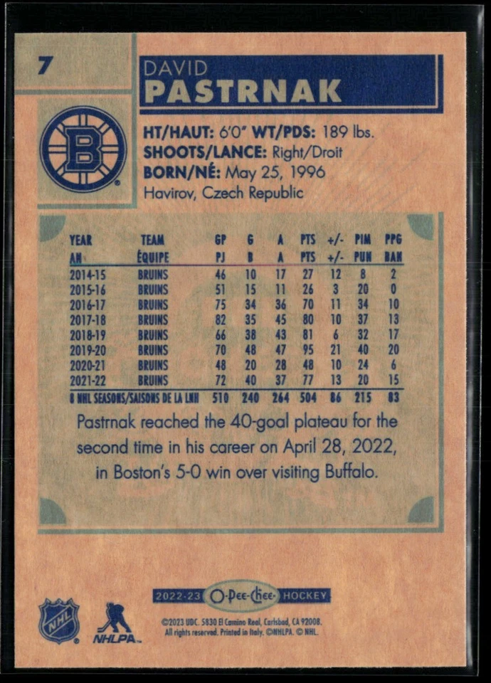 2022-23 O-Pee-Chee Retro #7 David Pastrnak - Image 2 of 2