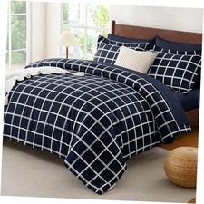 Size Comforter Set - 7 Pieces Plaid Bed in a Bag Set, Soft Bed King Navy Blue
