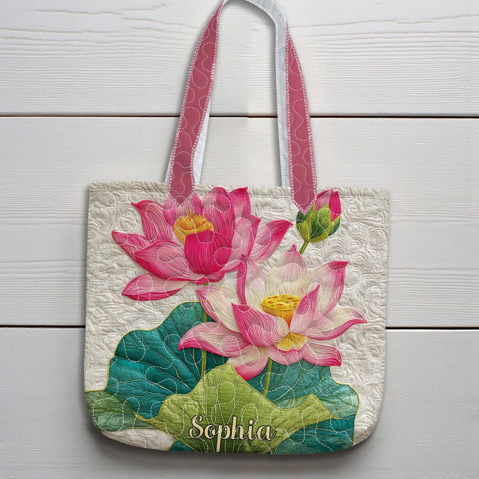 Personalized Pink Lotus Quilted Tote Bag Asian Floral Custom