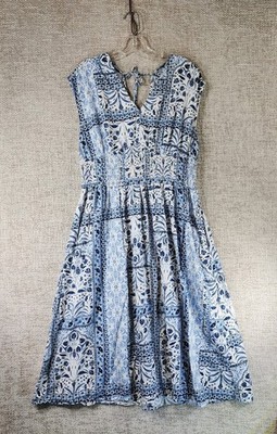 Old Navy Blue White Tile Print Smocked Midi Dress Womens L Coastal Boho Tie Back